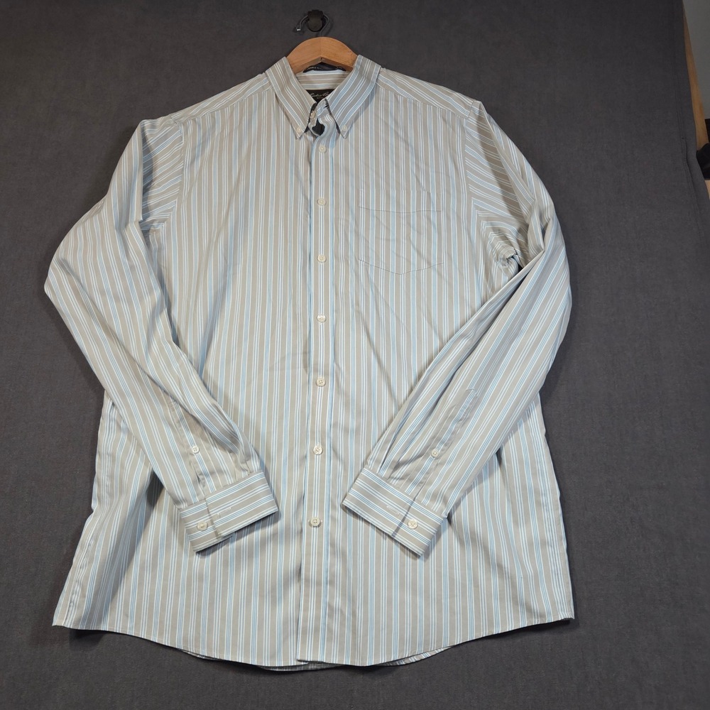 Eddie Bauer Button Down Shirt Mens TXL Blue Tan Striped Wrinkle Resistant